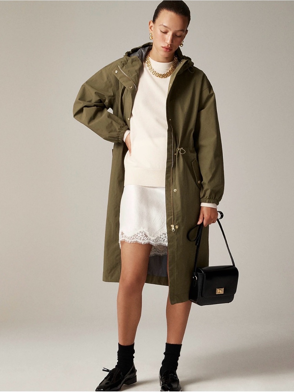 J.Crew Perfect Raincoat Water-Resistant Olive Green Hooded Long Sz. S NEW $148